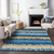 10' X 14' Navy Blue Gold And Ivory Striped Washable Indoor Outdoor Area Rug