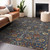 9' X 12' Navy Blue Brown And Red Floral Washable Indoor Outdoor Area Rug