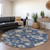 8' Navy Blue Beige And Gray Round Floral Washable Indoor Outdoor Area Rug
