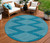 8' Teal Blue And Ivory Round Geometric Washable Indoor Outdoor Area Rug Transitional Style - Teal Blue, Ivory Color
