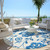8' White And Denim Blue Round Floral Washable Indoor Outdoor Area Rug