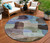 8' Brown Blue And Green Round Abstract Washable Indoor Outdoor Area Rug
