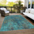 10' X 14' Teal Blue Navy Blue And Brown Abstract Washable Indoor Outdoor Area Rug