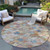 8' Terra Cotta Beige And Teal Blue Round Geometric Washable Indoor Outdoor Area Rug
