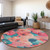 8' Salmon And Teal Blue Round Floral Washable Indoor Outdoor Area Rug