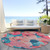 8' Salmon And Teal Blue Round Floral Washable Indoor Outdoor Area Rug