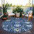 8' Navy Blue Charcoal And Ivory Round Damask Washable Indoor Outdoor Area Rug