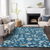 10' X 14' Navy Blue Ivory And Gray Floral Washable Indoor Outdoor Area Rug