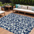 9' X 12' Navy Blue And Ivory Floral Washable Indoor Outdoor Area Rug