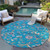 8' Teal Blue Ivory And Pink Round Floral Washable Indoor Outdoor Area Rug