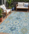 5' X 8' Sky Blue Ivory And Gold Damask Washable Indoor Outdoor Area Rug