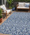 5' X 8' Navy Blue And Ivory Damask Washable Indoor Outdoor Area Rug