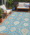 5' X 8' Teal Blue Gray And Ivory Damask Washable Indoor Outdoor Area Rug