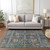 5' X 8' Green Navy Blue And Ivory Oriental Washable Indoor Outdoor Area Rug