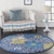 5' Blue And Gold Floral Round Rug