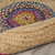 6' Blue Natural And Red Jute Abstract Geometric Hand Woven Round Rug