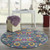 4' Blue And Orange Floral Distressed Round Rug