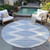 8' Ivory And Blue Round Geometric Washable Indoor Outdoor Area Rug