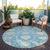 8' Teal Blue Gray And Ivory Round Damask Washable Indoor Outdoor Area Rug