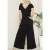 Solid Short Sleeve V Neck Jumpsuit with Low Back