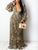 V COLLAR BELTED SHEER SLEEVE FLORAL PRINT PLEATED