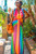 Rainbow Multi Color Plunged Neck with Ruch details Maxi Dress