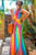 Rainbow Multi Color Plunged Neck with Ruch details Maxi Dress