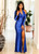 New Me Asymmetrical Metallic Blue Maxi Dress With Slit