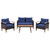 Three Piece Outdoor Blue Rattan Sofa Seating Group with Blue Cushions