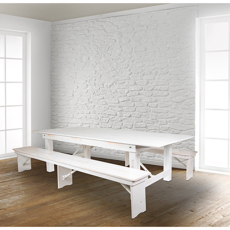 8'x40" White Table/2 Bench Set - 889142518907