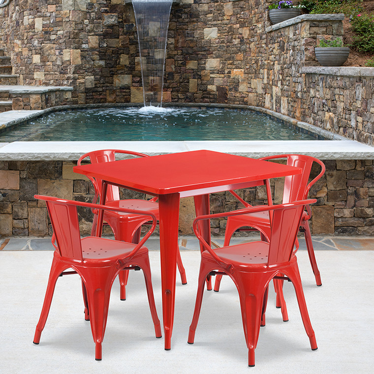 31.5sq Red Metal Table Set - 889142049258