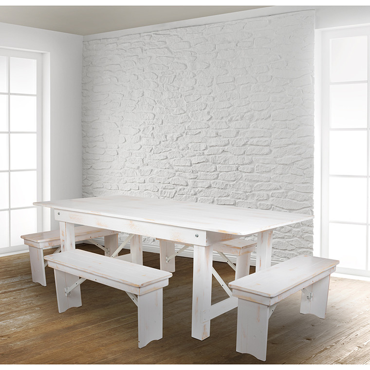 7'x40" White Table/4 Bench - 889142518938