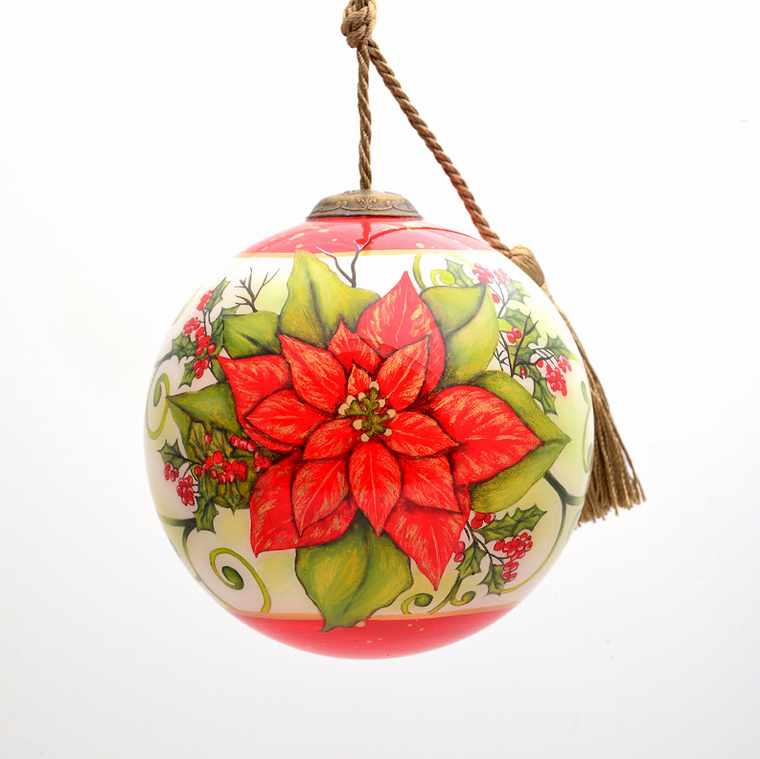 Holiday Poinsettia Hand Painted Glass Ornament - 892047002259