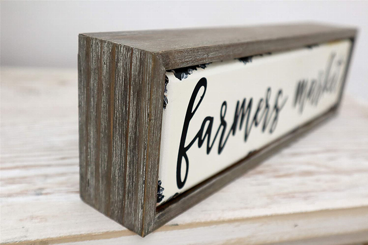 Vintage Farmers Market Wood Block Sign- Farmhouse Rustic Tabletop Decor- Weathered Wood Frame Enamel Finish- 12.2" W x 2" D x 3.8" H - 711414704834