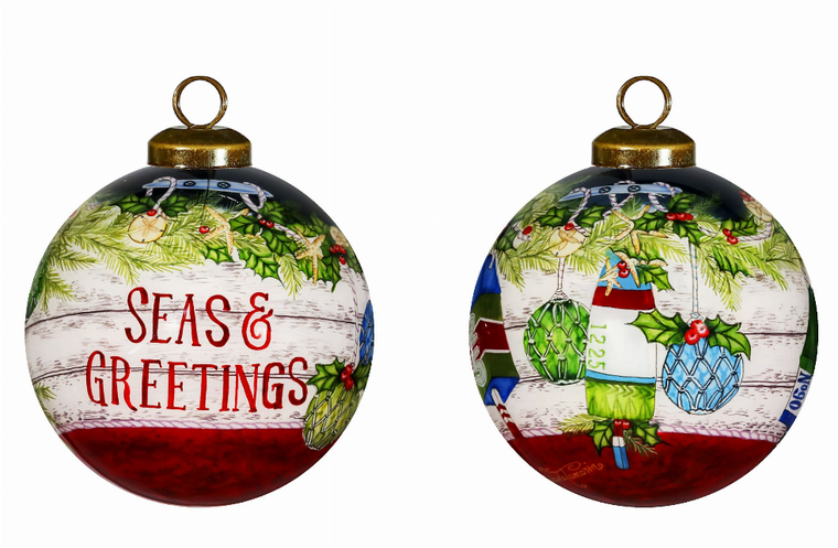 Seas and Greetings Buoy Hand Painted Glass Ornament - 656750587003