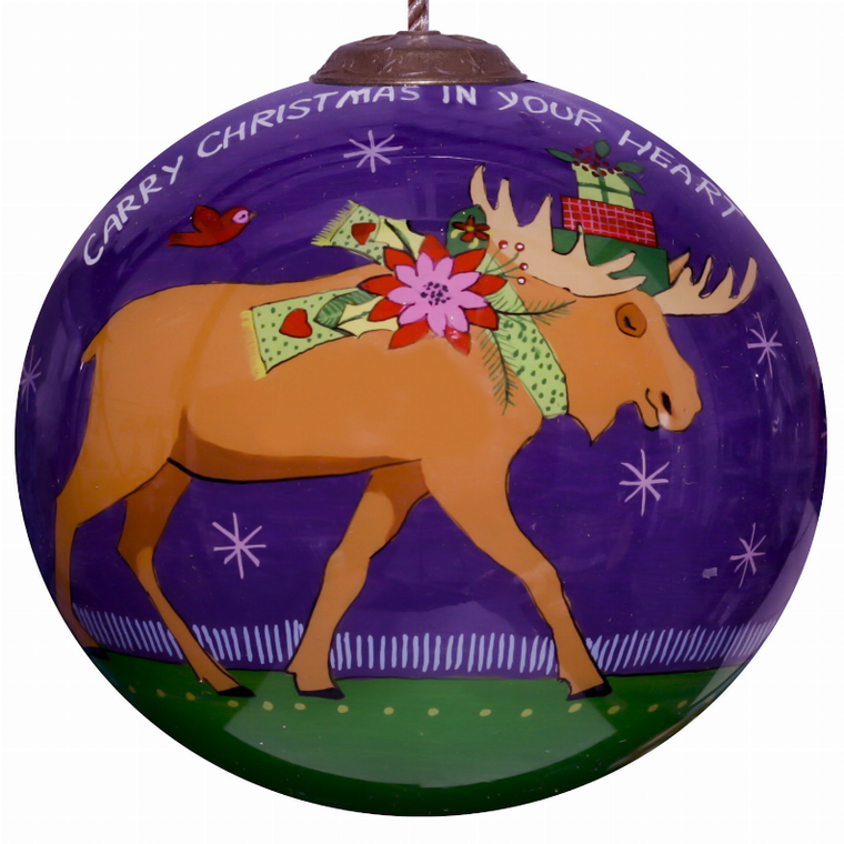 Carry Christmas In Your Heart Moose Hand Painted Glass Ornament - 850004397756