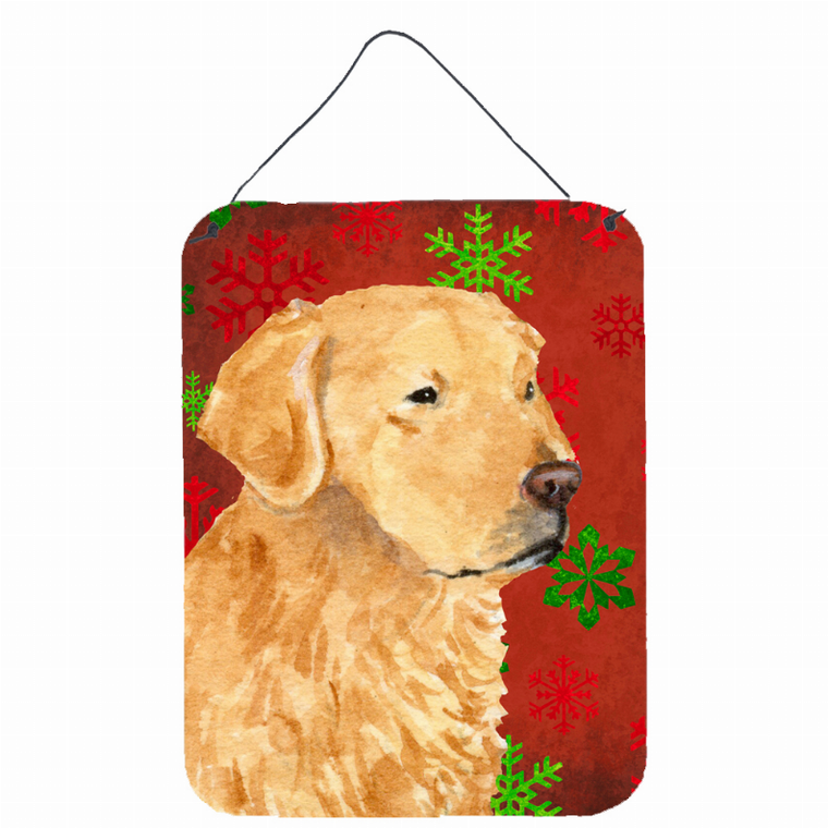 Red and Green Snowflakes Holiday Christmas Design with Dog Wall or Door Hanging Prints - 615872624140