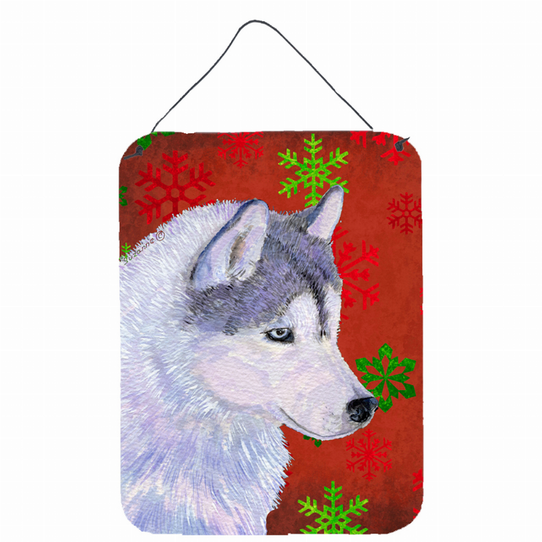 Red and Green Snowflakes Holiday Christmas Design with Dog Wall or Door Hanging Prints - 615872624027