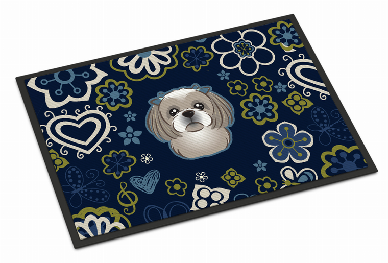 Blue Flowers Dog Art Indoor or Outdoor Mat - 638508610218