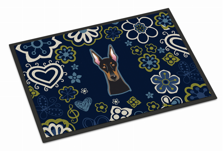 Blue Flowers Dog Art Indoor or Outdoor Mat - 638508610164