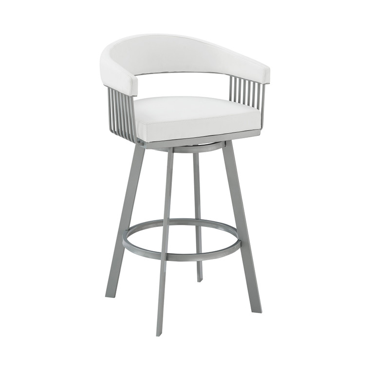 Homeroots Living Room 26" Mod White Faux Leather Silver Finish Swivel Bar Stool, White