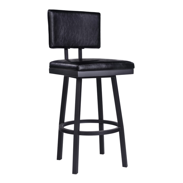 Homeroots Living Room 26" Vintage Black on Black Faux Leather Rectangular Swivel Armless Bar Stool