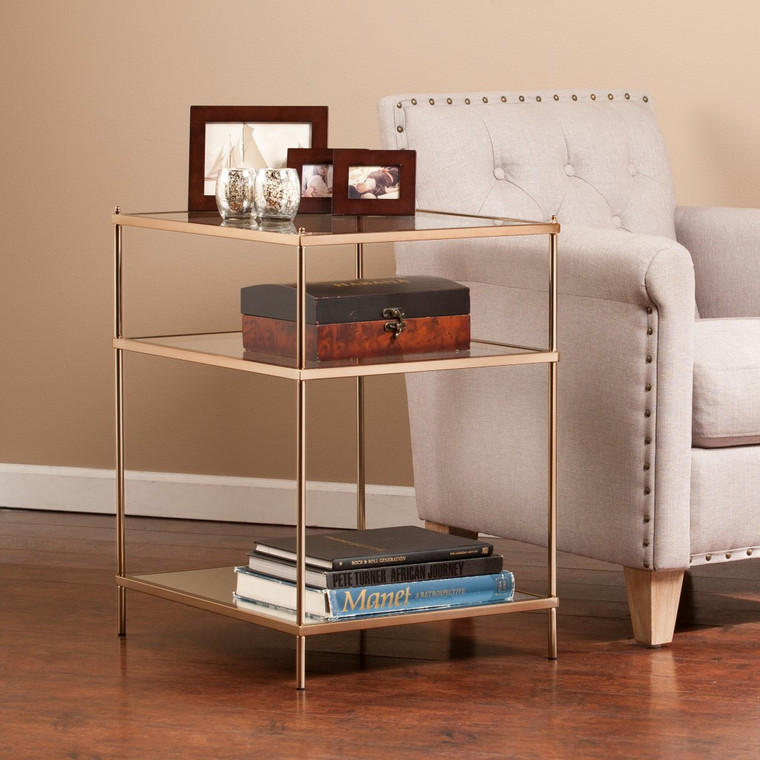 Homeroots Living Room 27" Gold Glass and Iron Square Mirrored End Table With Shelf, Gold Finish