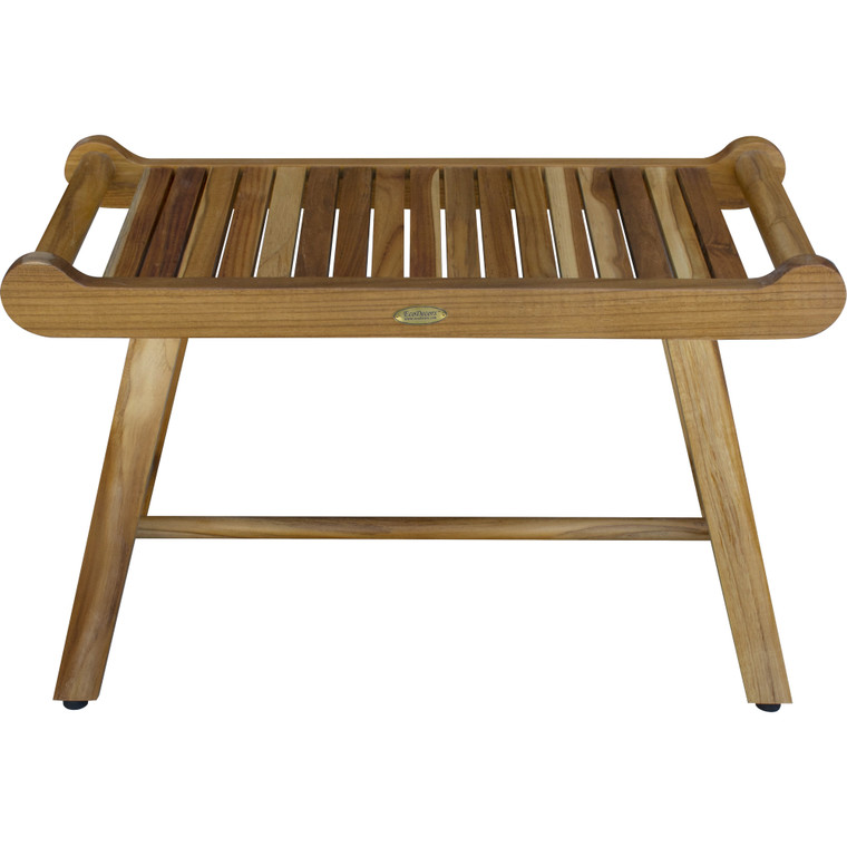 Homeroots Outdoor Rectangular Teak Shower Bench with Handles Natural Finish