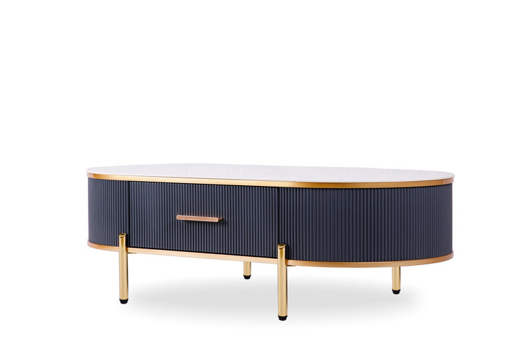 Homeroots Living Room 47" Charcoal Gray Gold and White Stone Oval Coffee Table with Drawer