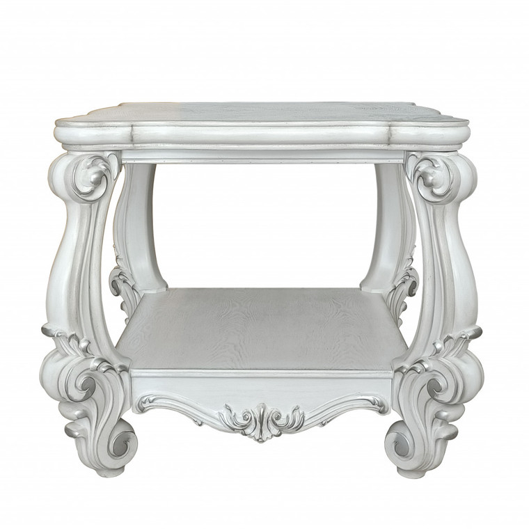 Homeroots Living Room 26" Square Scroll End Table with Shelf, Antiqued White