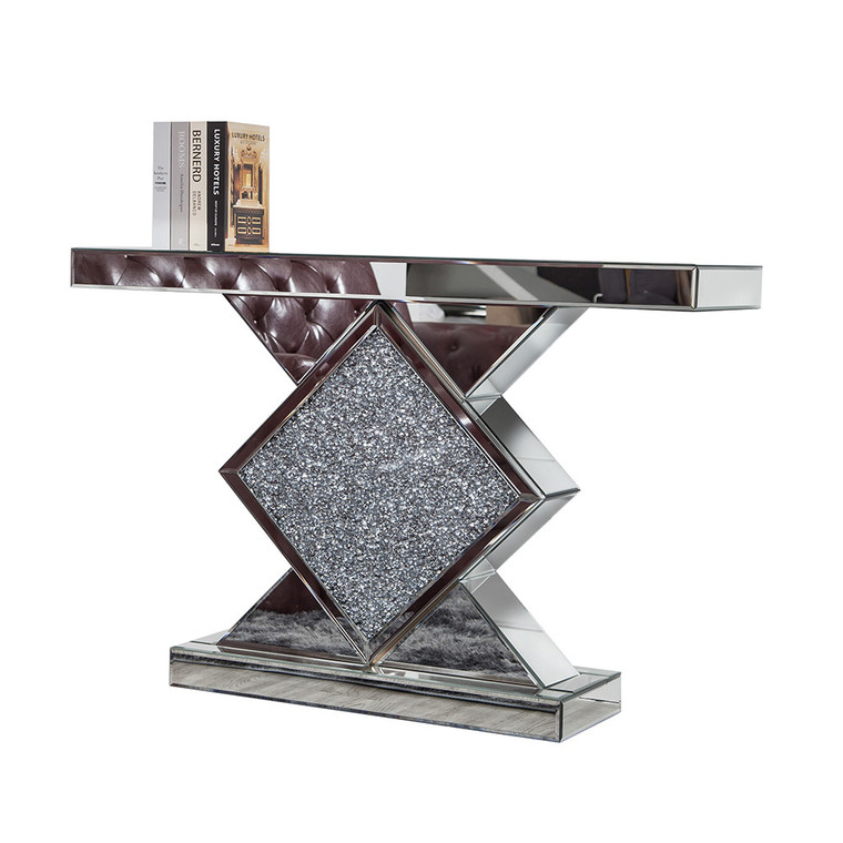 Homeroots Living Room Diamond Silver Mirrored Console Table, Silver Finish