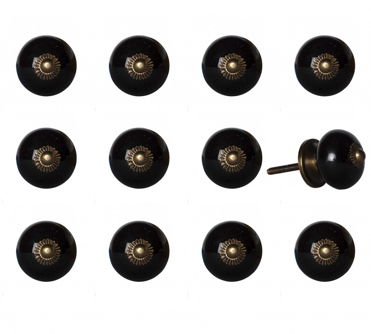 Set of Twelve Black And Gold Ceramic Drawer Pull Knobs