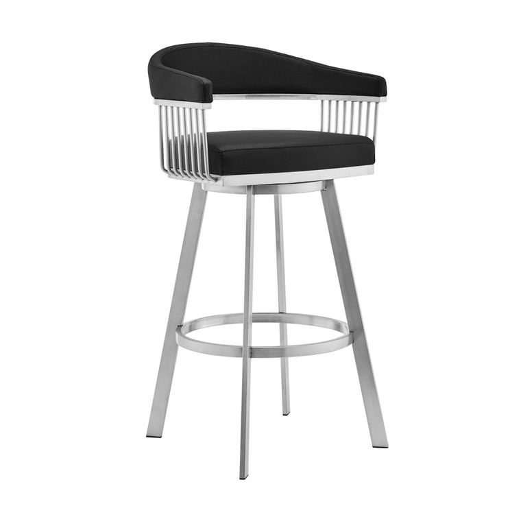 Homeroots Living Room 26" Mod Black Faux Leather Brushed Silver Finish Swivel Bar Stool, Black