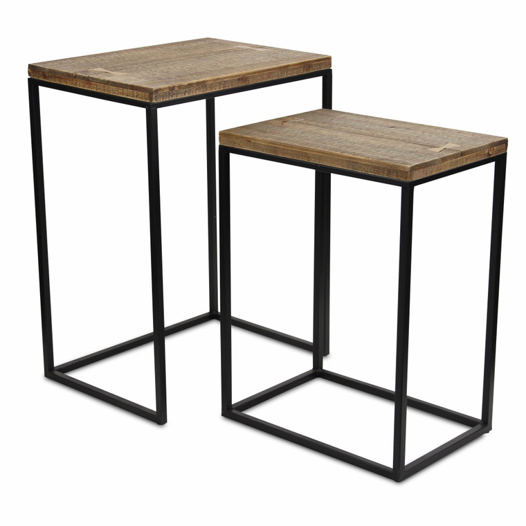 Homeroots Living Room Set of Two 24" Black and Brown Solid Wood and Steel Rectangular Nested Tables